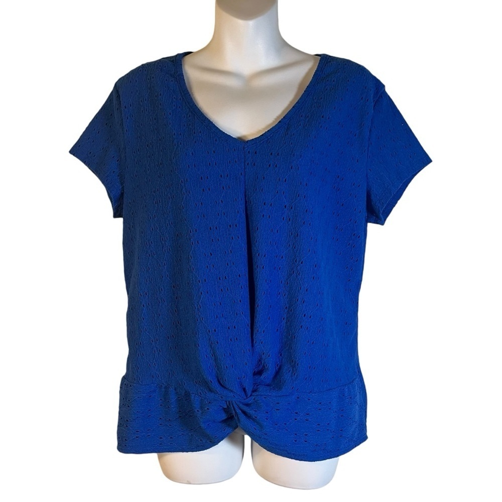 Fortune+Ivy short-sleeve cobalt blue eyelet twist front top size L